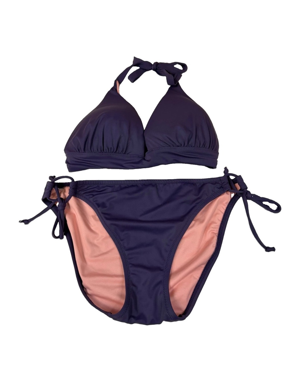 Y2K Victorias Secret Size Large Bikini Set Purple 5ZF Plunge Halter Bow #2051